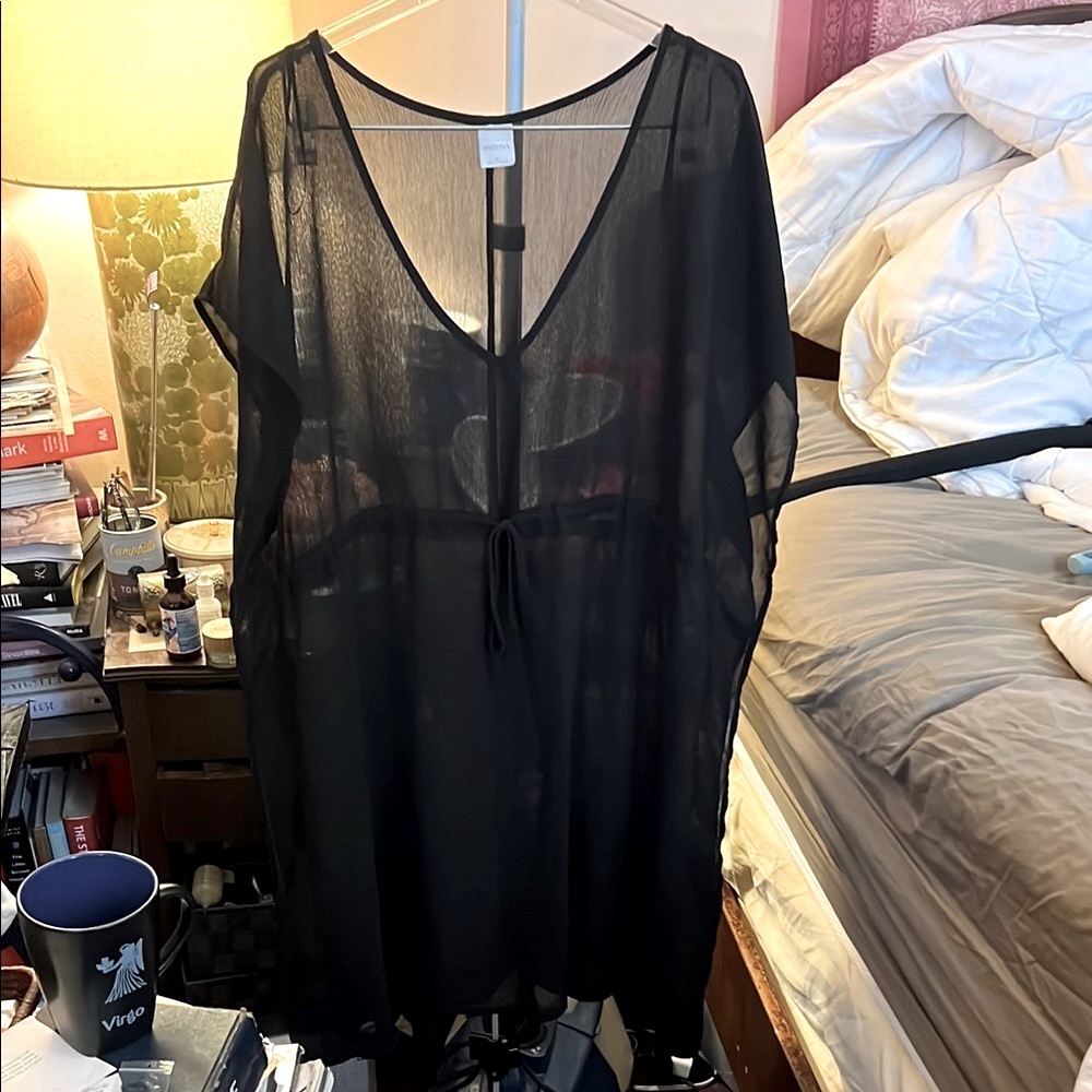 SALE! DEAL!! Minimalist Sheer Black V-Neck Drawstring Swimsuit Cover-Up
